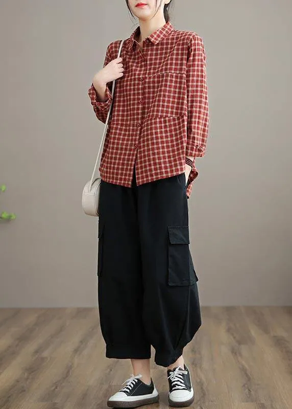100% Spring Trousers Women's Black Pattern Elastic Waist Pockets Wild Pants