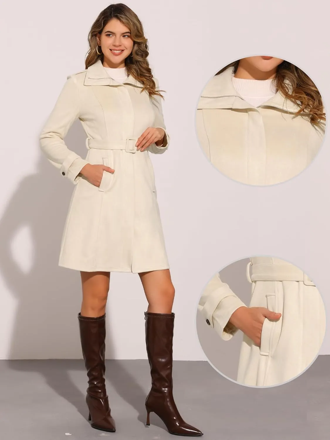 Allegra K Faux Suede Coat for Women's Belted Long Zipper Jacket