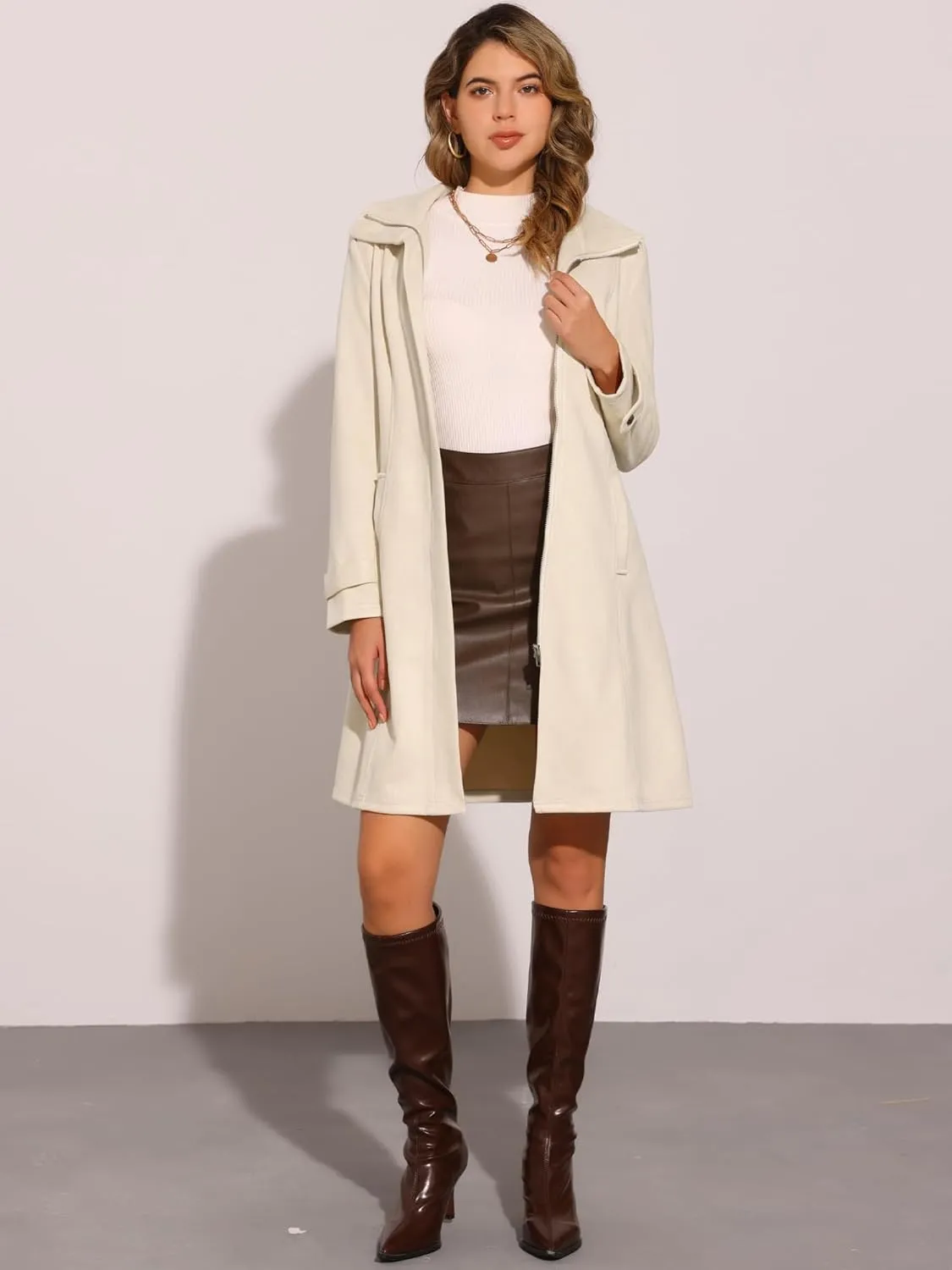 Allegra K Faux Suede Coat for Women's Belted Long Zipper Jacket