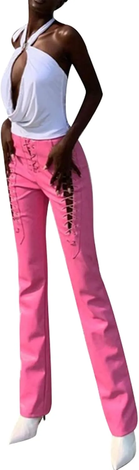 Argeousgor Women Y2K Lace Up PU Leather Pants High Waist Hollow Out Drawstring Bandage Trousers Cut Out Pants Streetwear