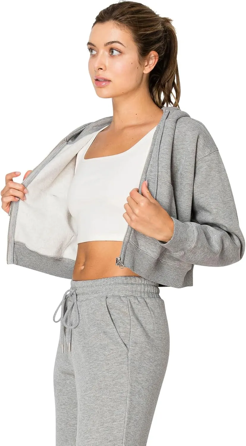 Cali1850 Women's Cloud Nine Fleece Cropped Zip Hoodie Relaxed Boyfriend Fit, Double-Layer Hood, Ribbed Cuffs and Hem