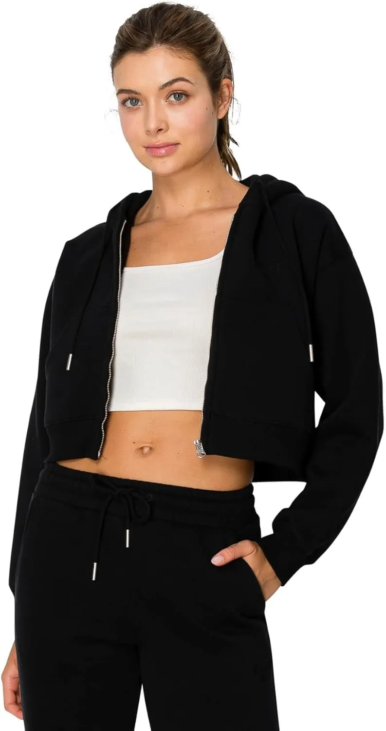Cali1850 Women's Cloud Nine Fleece Cropped Zip Hoodie Relaxed Boyfriend Fit, Double-Layer Hood, Ribbed Cuffs and Hem