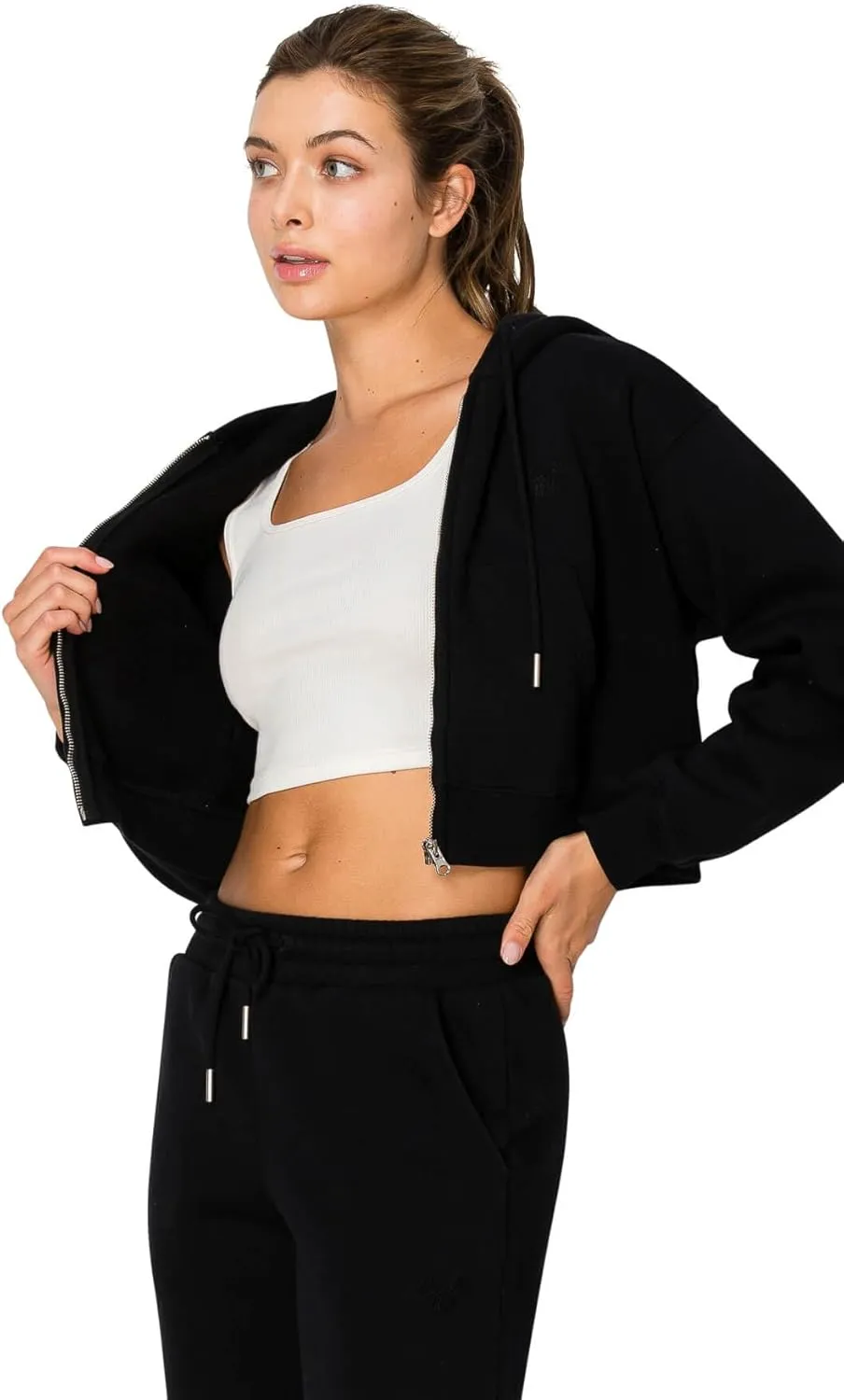 Cali1850 Women's Cloud Nine Fleece Cropped Zip Hoodie Relaxed Boyfriend Fit, Double-Layer Hood, Ribbed Cuffs and Hem