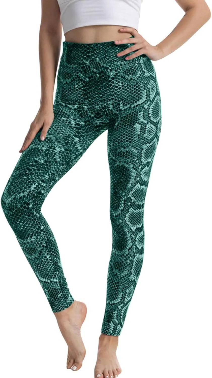 Casual Leggings for Women High Waist Printed Tummy Control Butt Lifting Pants Fitted Patterned Workout Tights Slimming Fitness Compression Stretch pants clothing women Snake Pattern F30-Green