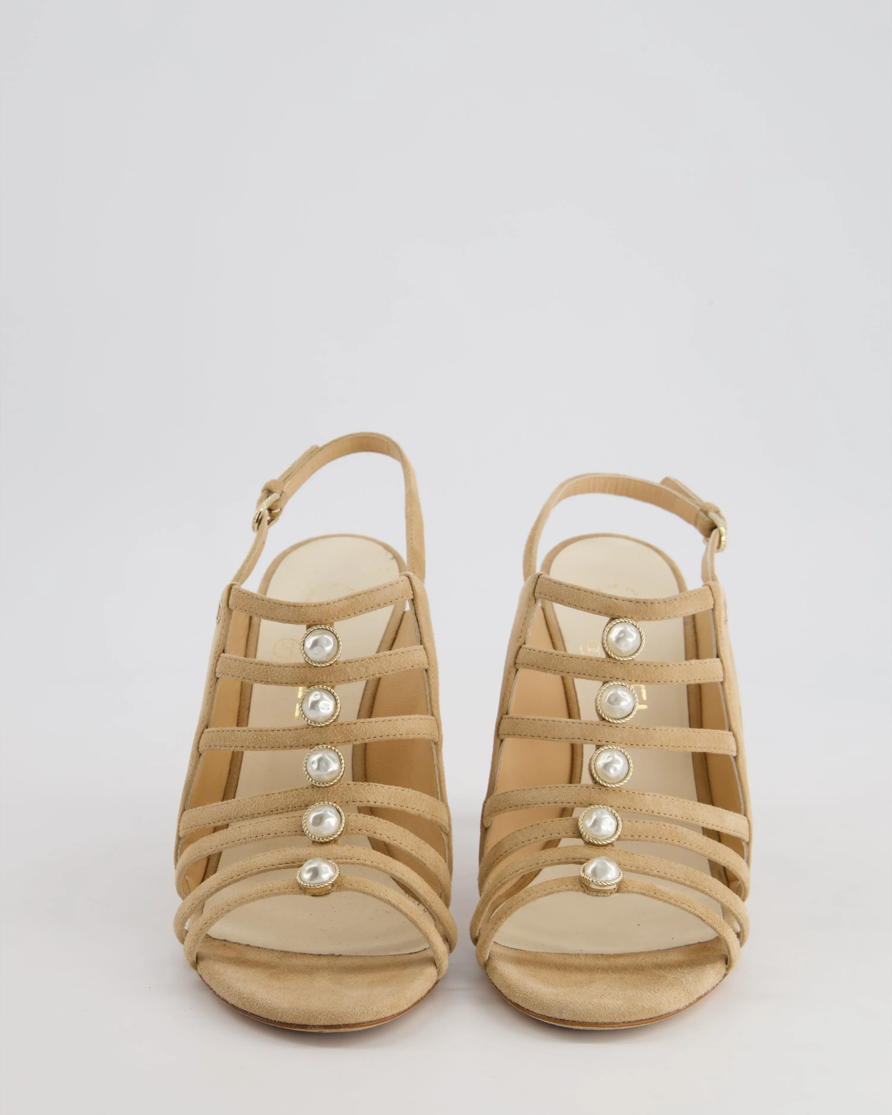 Chanel 19/P Beige Suede Caged Strap Heels Size EU 38