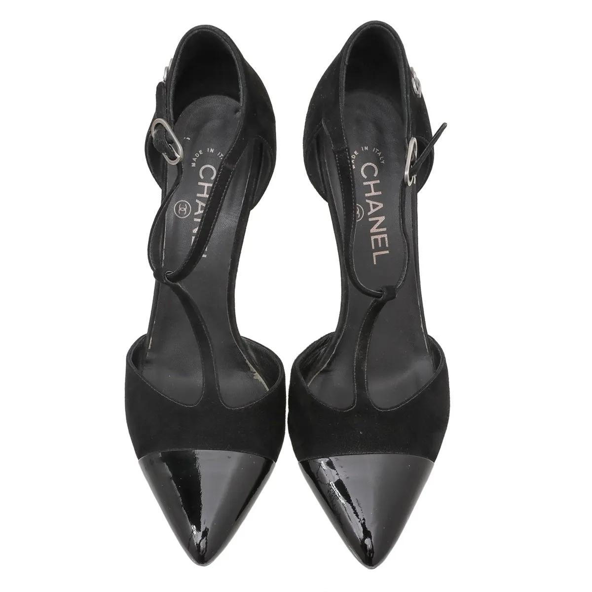 Chanel Black CC Cap Toe Chaus Ouvertes T Strap Pumps 40.5