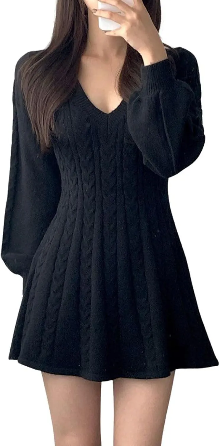 CHARTOU Women Fall Chunky Cable Knit V Neck Lantern Long Sleeve Pullover Sweater Dress