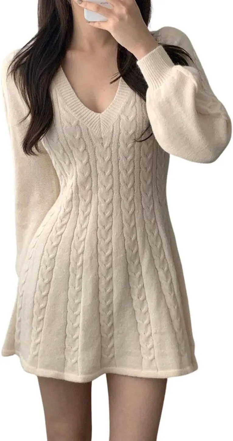 CHARTOU Women Fall Chunky Cable Knit V Neck Lantern Long Sleeve Pullover Sweater Dress