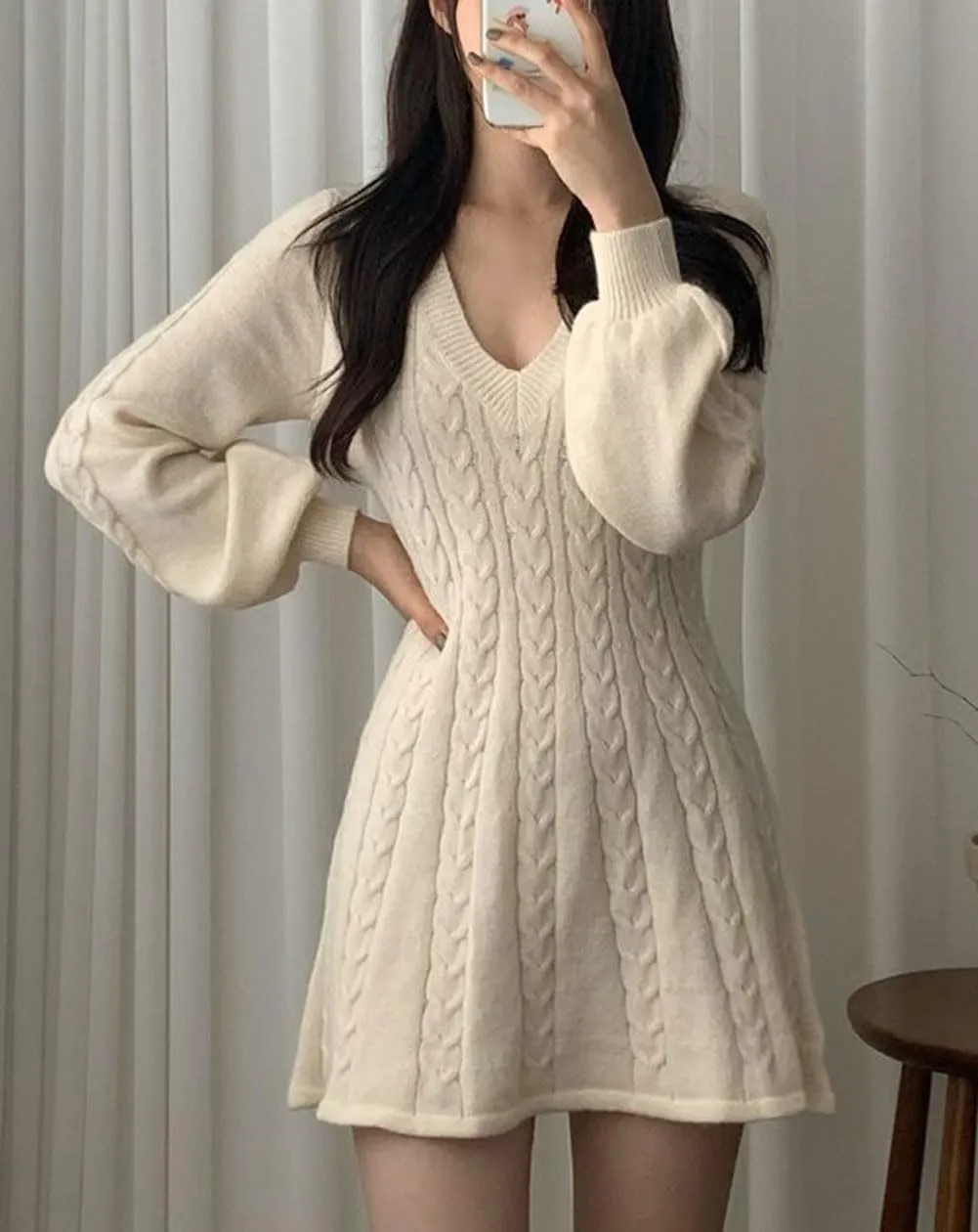 CHARTOU Women Fall Chunky Cable Knit V Neck Lantern Long Sleeve Pullover Sweater Dress