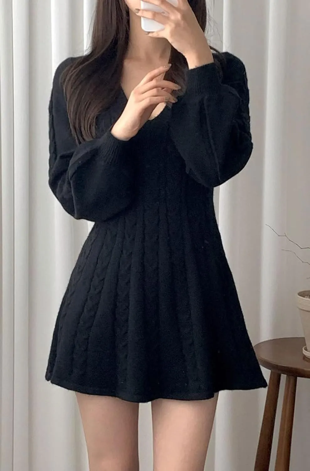 CHARTOU Women Fall Chunky Cable Knit V Neck Lantern Long Sleeve Pullover Sweater Dress