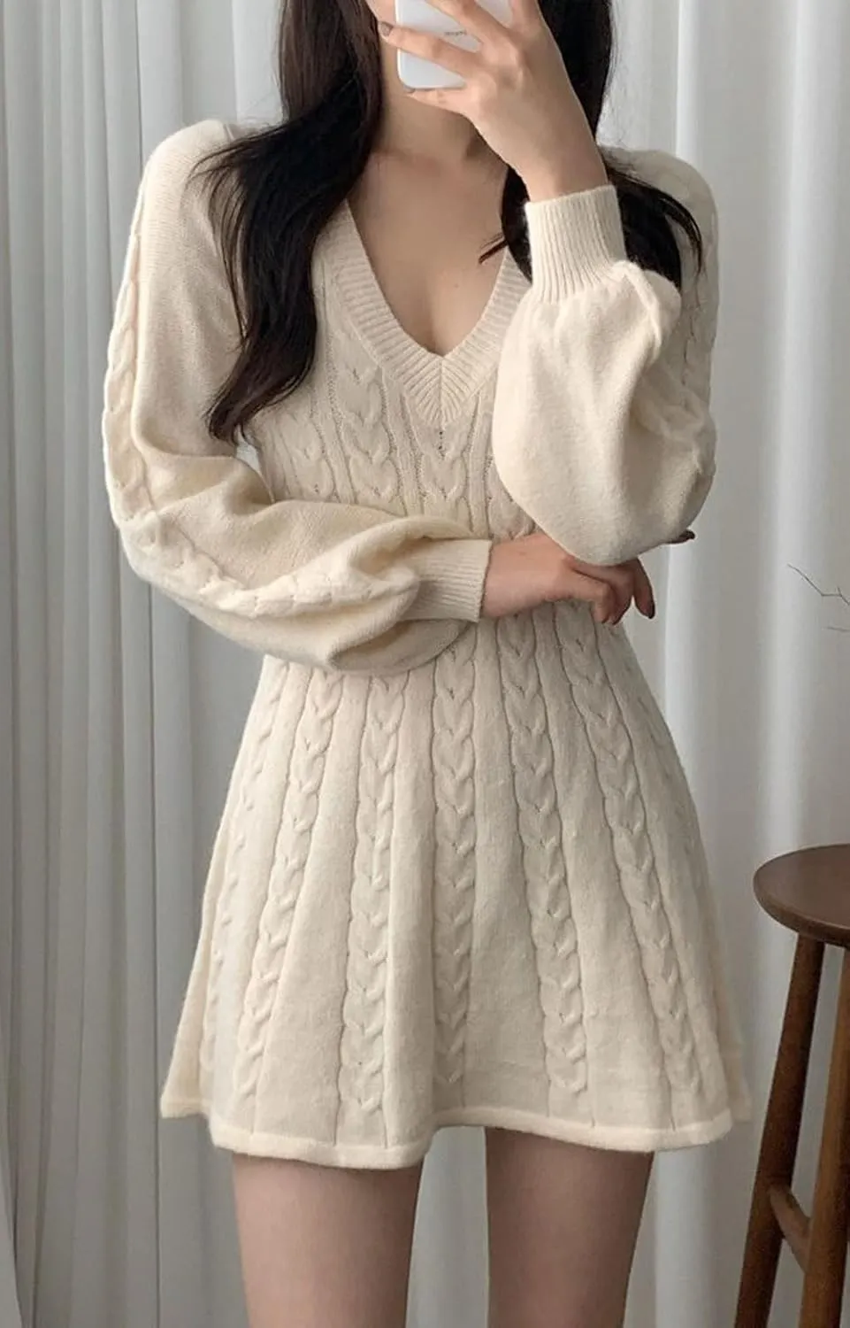 CHARTOU Women Fall Chunky Cable Knit V Neck Lantern Long Sleeve Pullover Sweater Dress