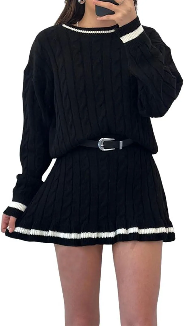 CHARTOU Women's 2 Piece Outfits Contrast Trim Chunky Cable Knit Sweater Mini Skirt Sets