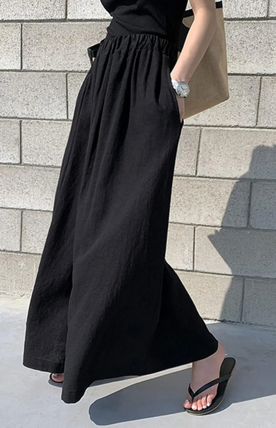 CHARTOU Women's Casual Cotton Linen Elastic High Waist Wide Leg Palazzo Pants with Pockets