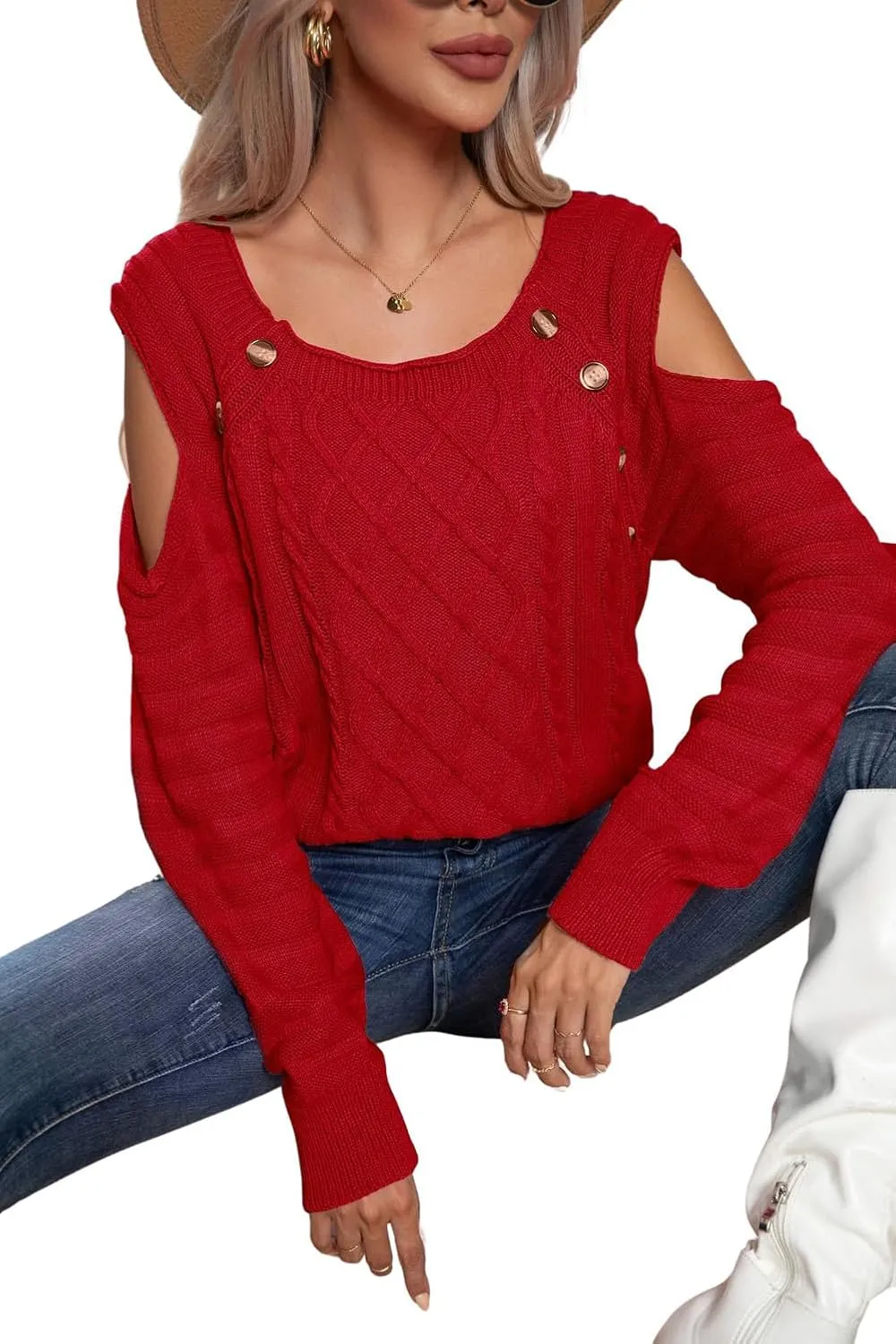 CHARTOU Women's Cold Shoulder Round Neck Chunky Cable Knit Sweater Pullover