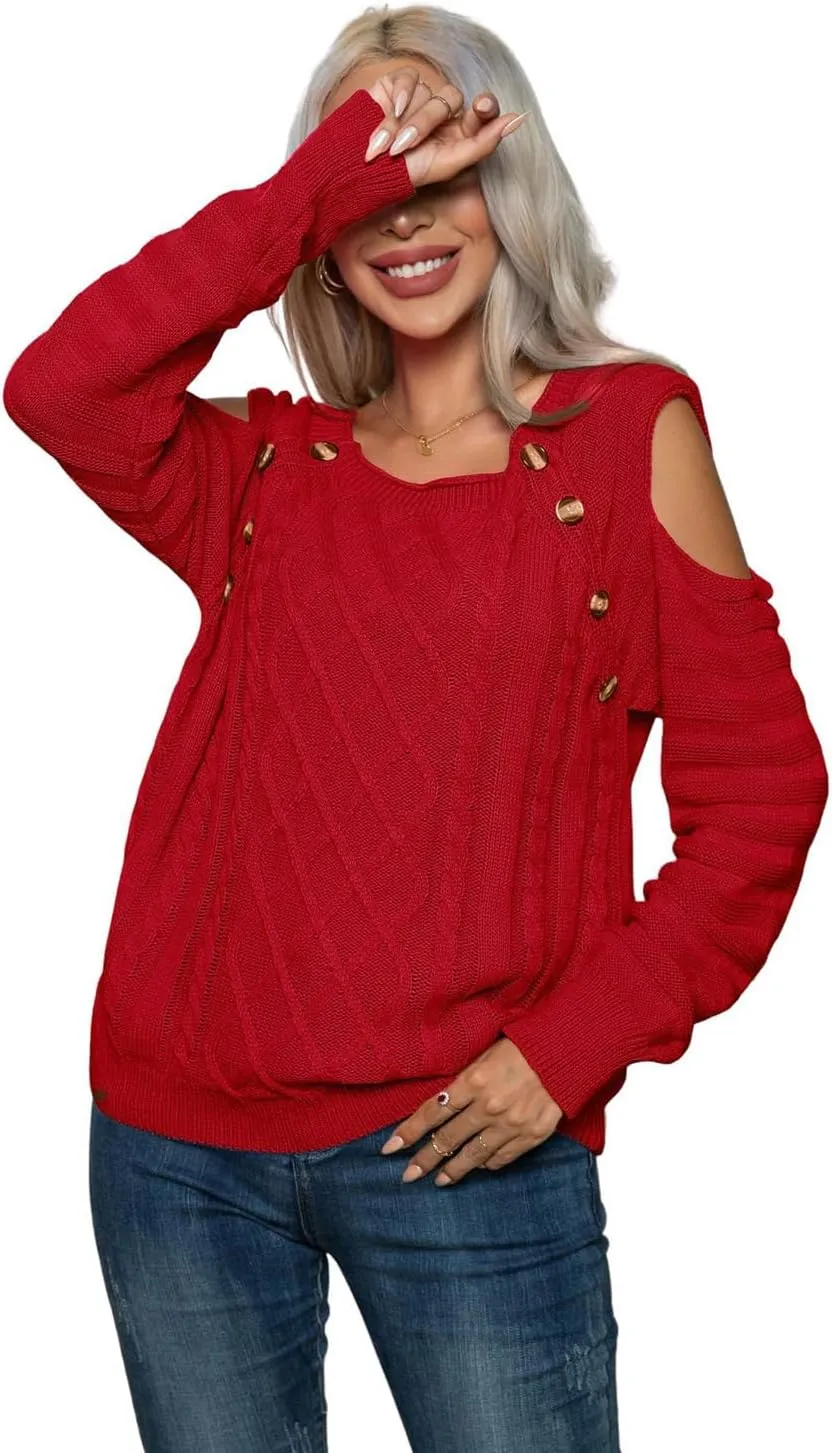 CHARTOU Women's Cold Shoulder Round Neck Chunky Cable Knit Sweater Pullover