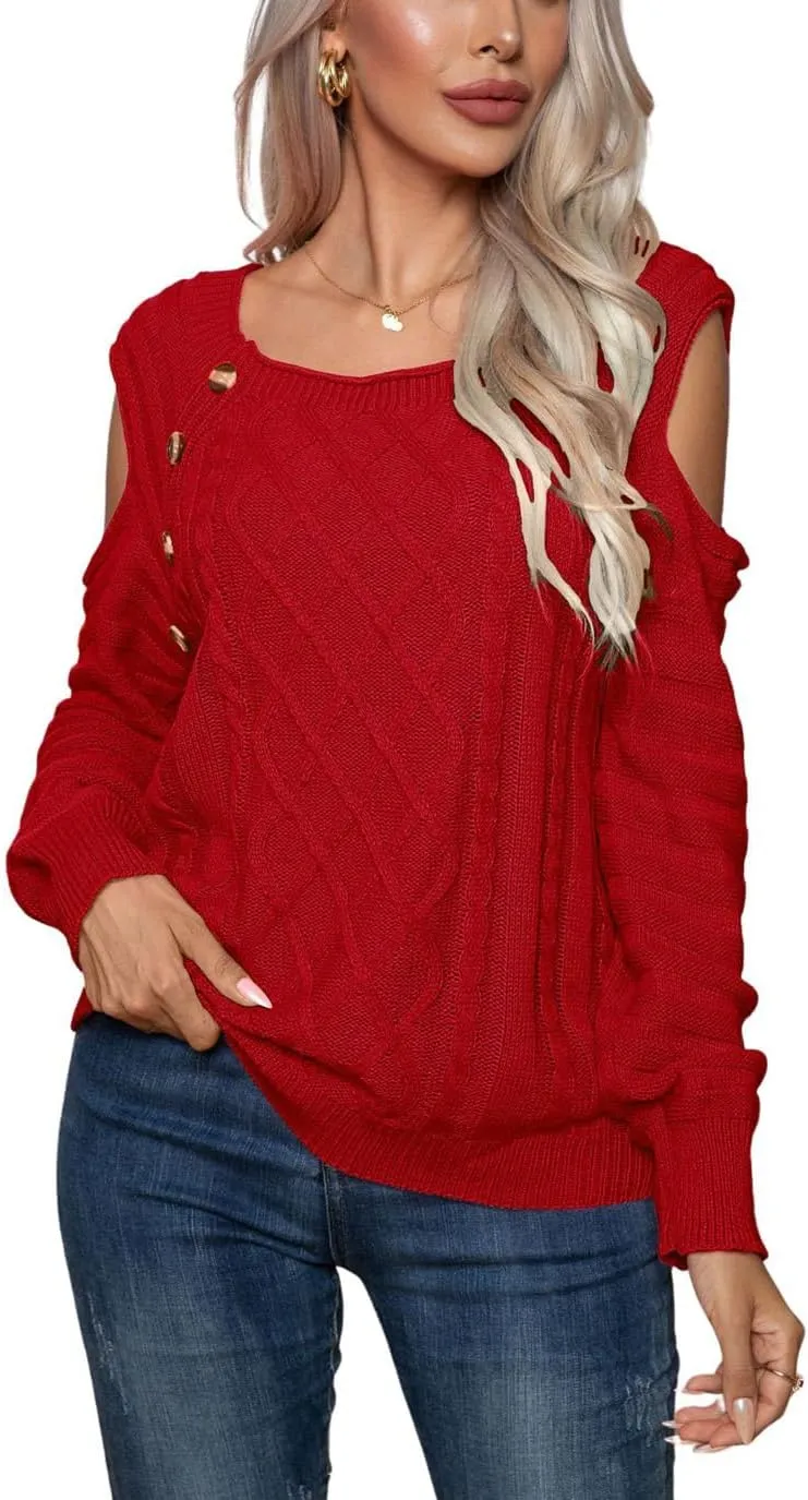 CHARTOU Women's Cold Shoulder Round Neck Chunky Cable Knit Sweater Pullover