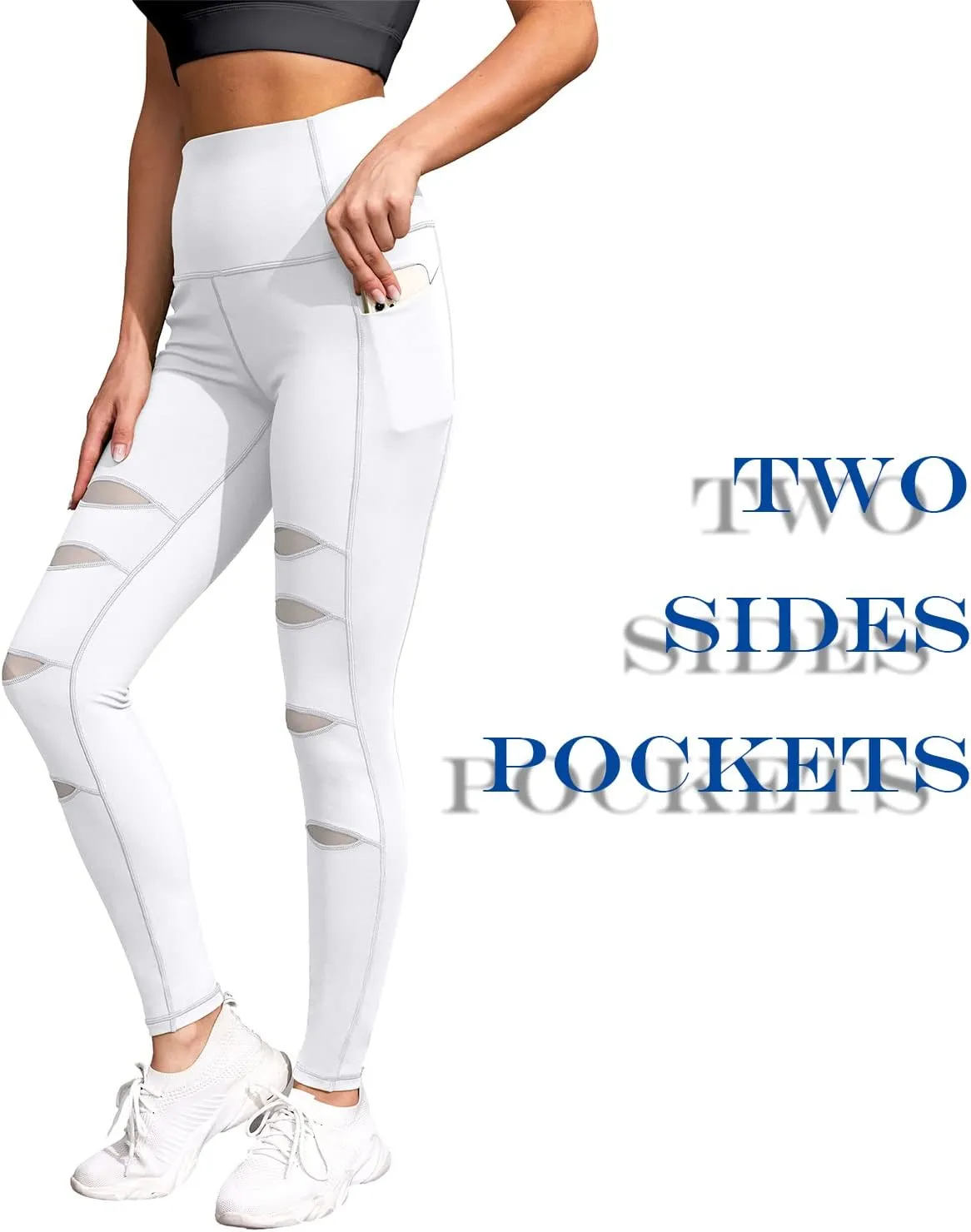 H HIAMIGOS Women's High Waist Ripped Gym Leggings with Phone Pocket Yoga Pants Workout Fitness Running Skinny Trousers