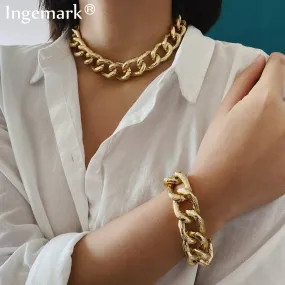 Hip Hop Exaggerated Cuban Big Chunky Chain Necklace & Pendant Bracelet NE BA Steampunk Maxi Lock Choker Men Women Jewelry Set