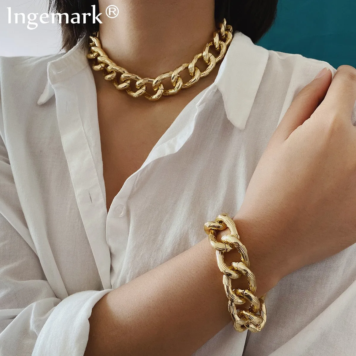 Hip Hop Exaggerated Cuban Big Chunky Chain Necklace & Pendant Bracelet NE BA Steampunk Maxi Lock Choker Men Women Jewelry Set