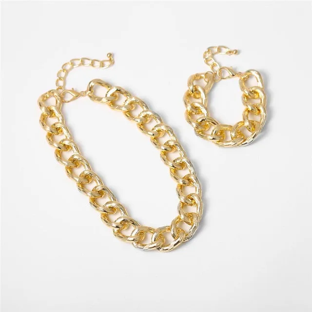 Hip Hop Exaggerated Cuban Big Chunky Chain Necklace & Pendant Bracelet NE BA Steampunk Maxi Lock Choker Men Women Jewelry Set