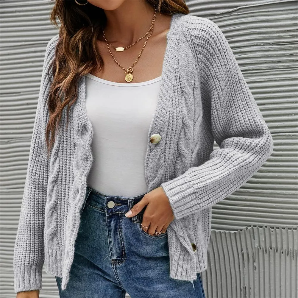 HOULENGS Women's V Neck Cable Knit Cardigan Sweater Long Sleevee Button Down Sweater Coat Outwear