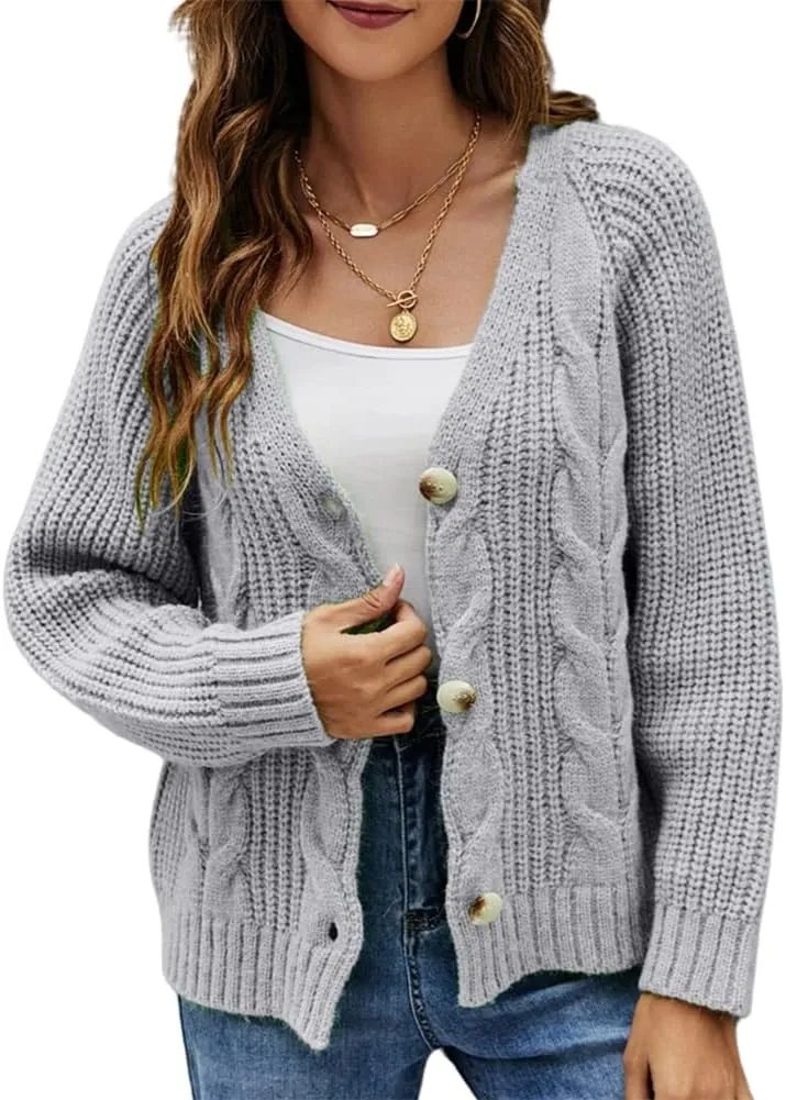 HOULENGS Women's V Neck Cable Knit Cardigan Sweater Long Sleevee Button Down Sweater Coat Outwear