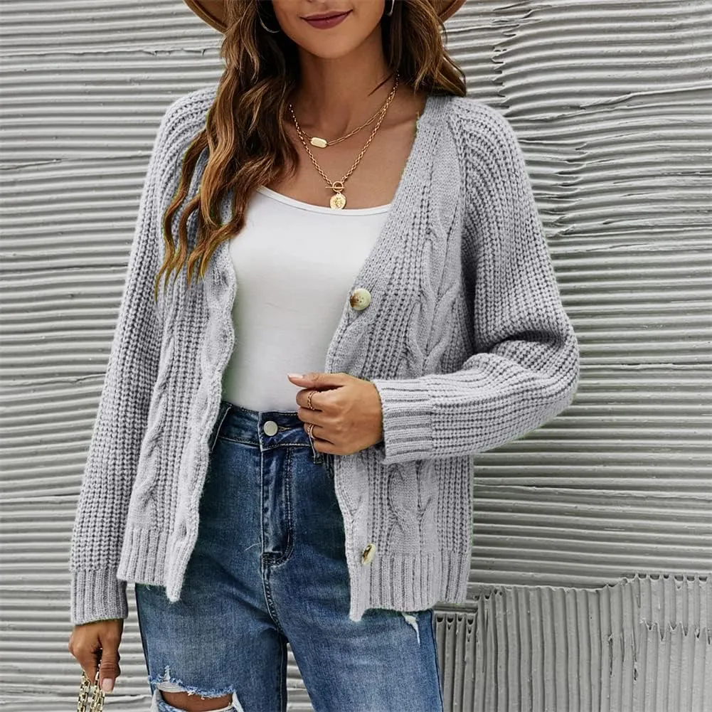 HOULENGS Women's V Neck Cable Knit Cardigan Sweater Long Sleevee Button Down Sweater Coat Outwear
