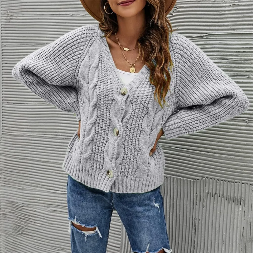 HOULENGS Women's V Neck Cable Knit Cardigan Sweater Long Sleevee Button Down Sweater Coat Outwear