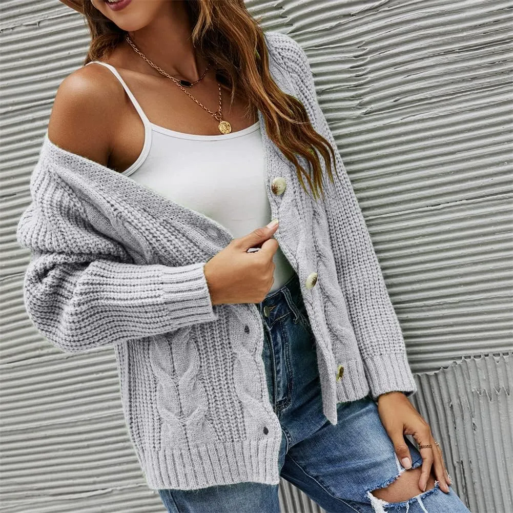 HOULENGS Women's V Neck Cable Knit Cardigan Sweater Long Sleevee Button Down Sweater Coat Outwear