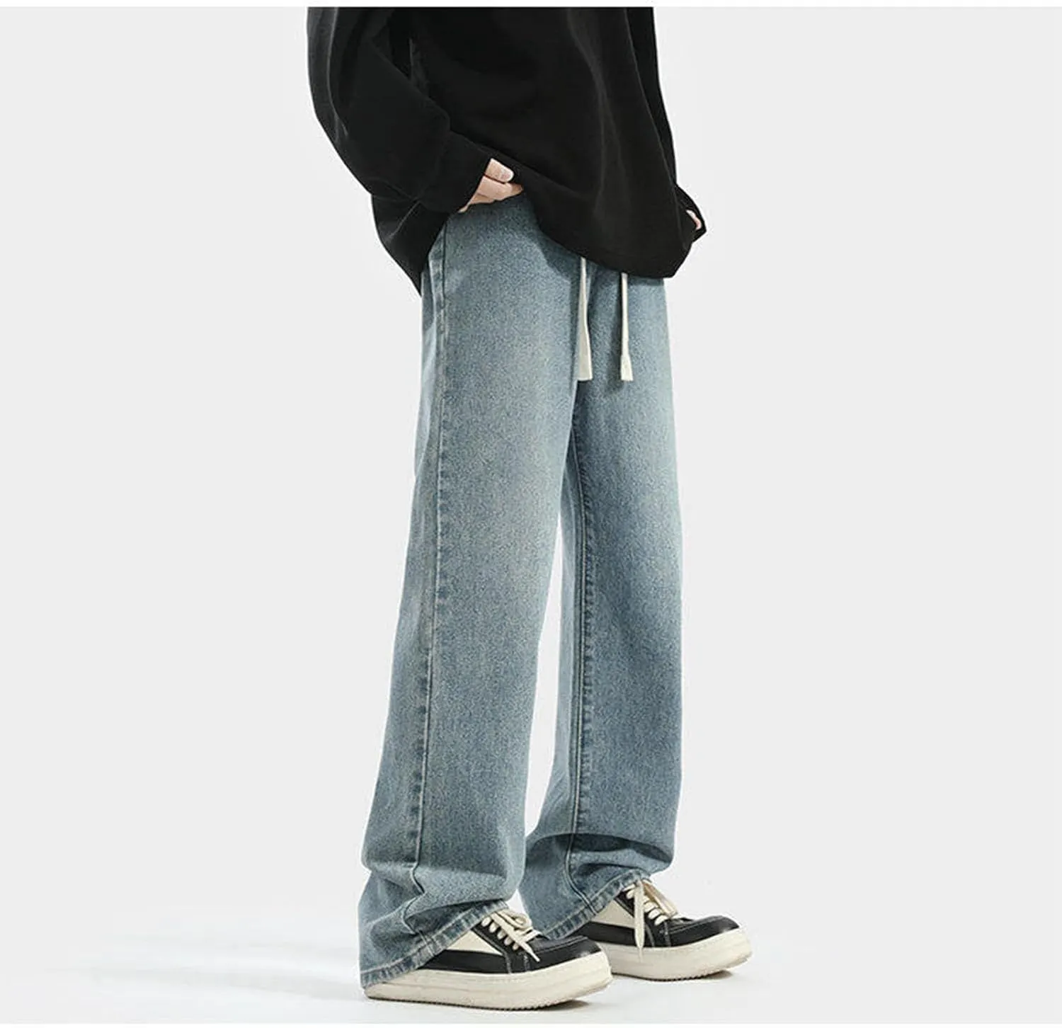 Jeans for Men Classic Washed Straight Leg Denim Pants Relaxed Fit Drawstring Elastic Waisted Jeans Wide Leg Slacks