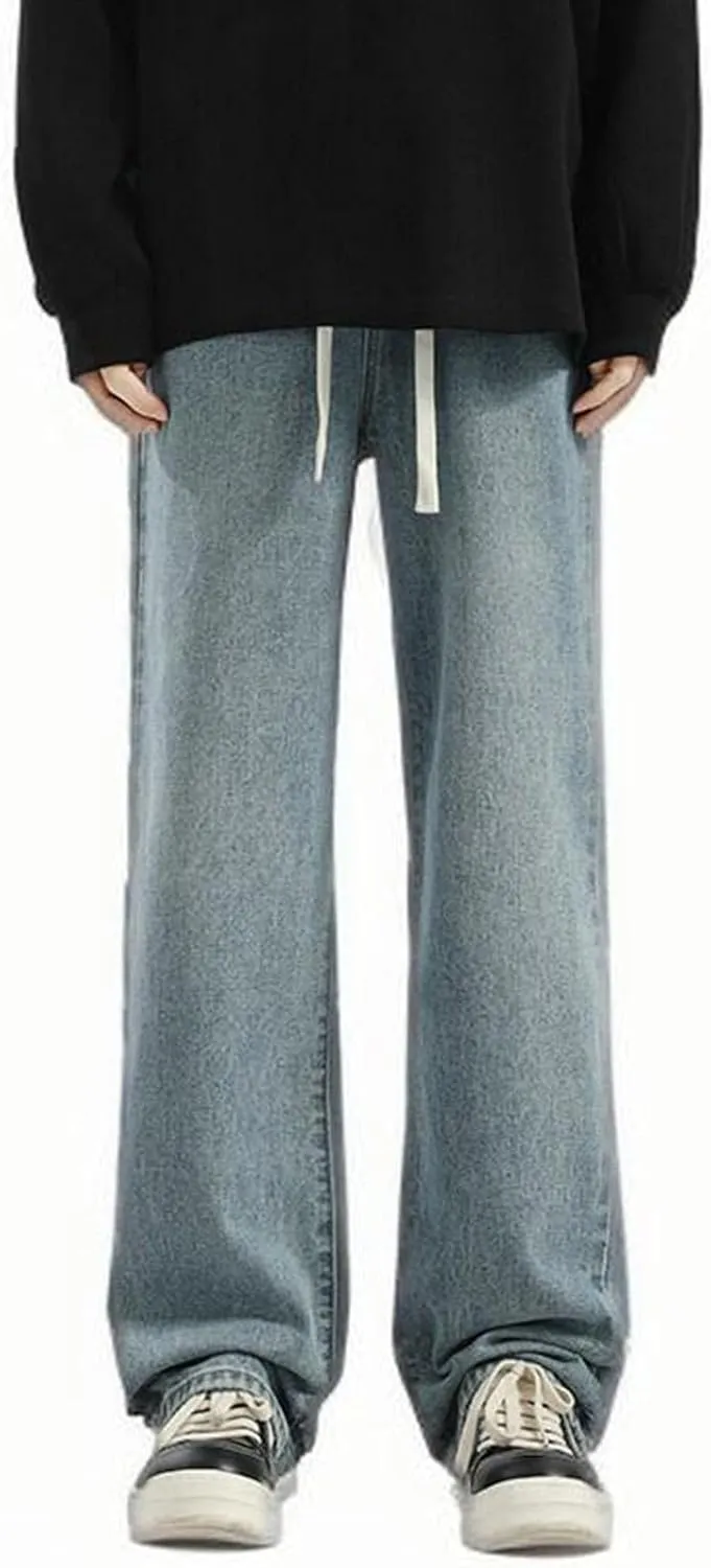 Jeans for Men Classic Washed Straight Leg Denim Pants Relaxed Fit Drawstring Elastic Waisted Jeans Wide Leg Slacks