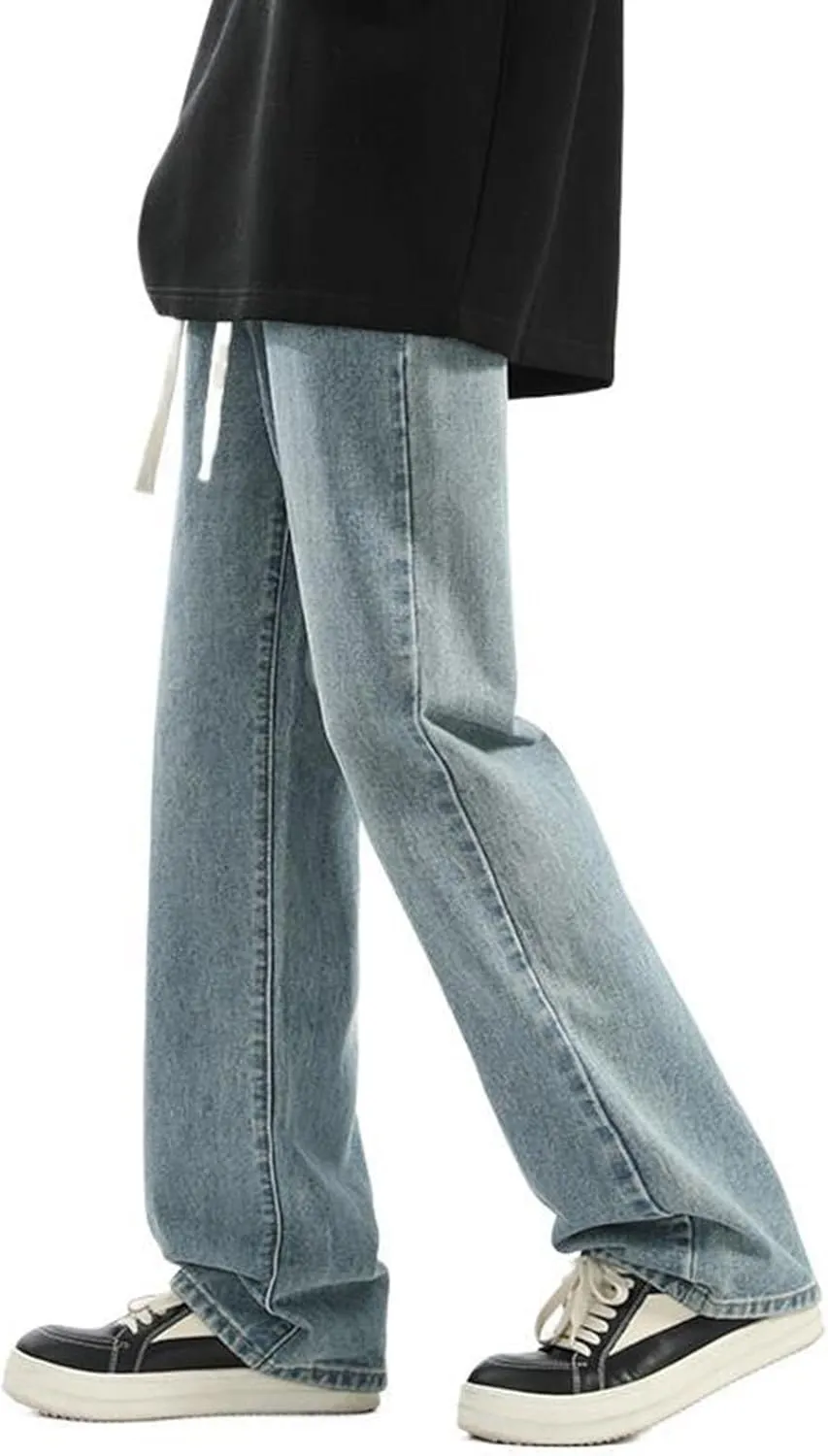 Jeans for Men Classic Washed Straight Leg Denim Pants Relaxed Fit Drawstring Elastic Waisted Jeans Wide Leg Slacks