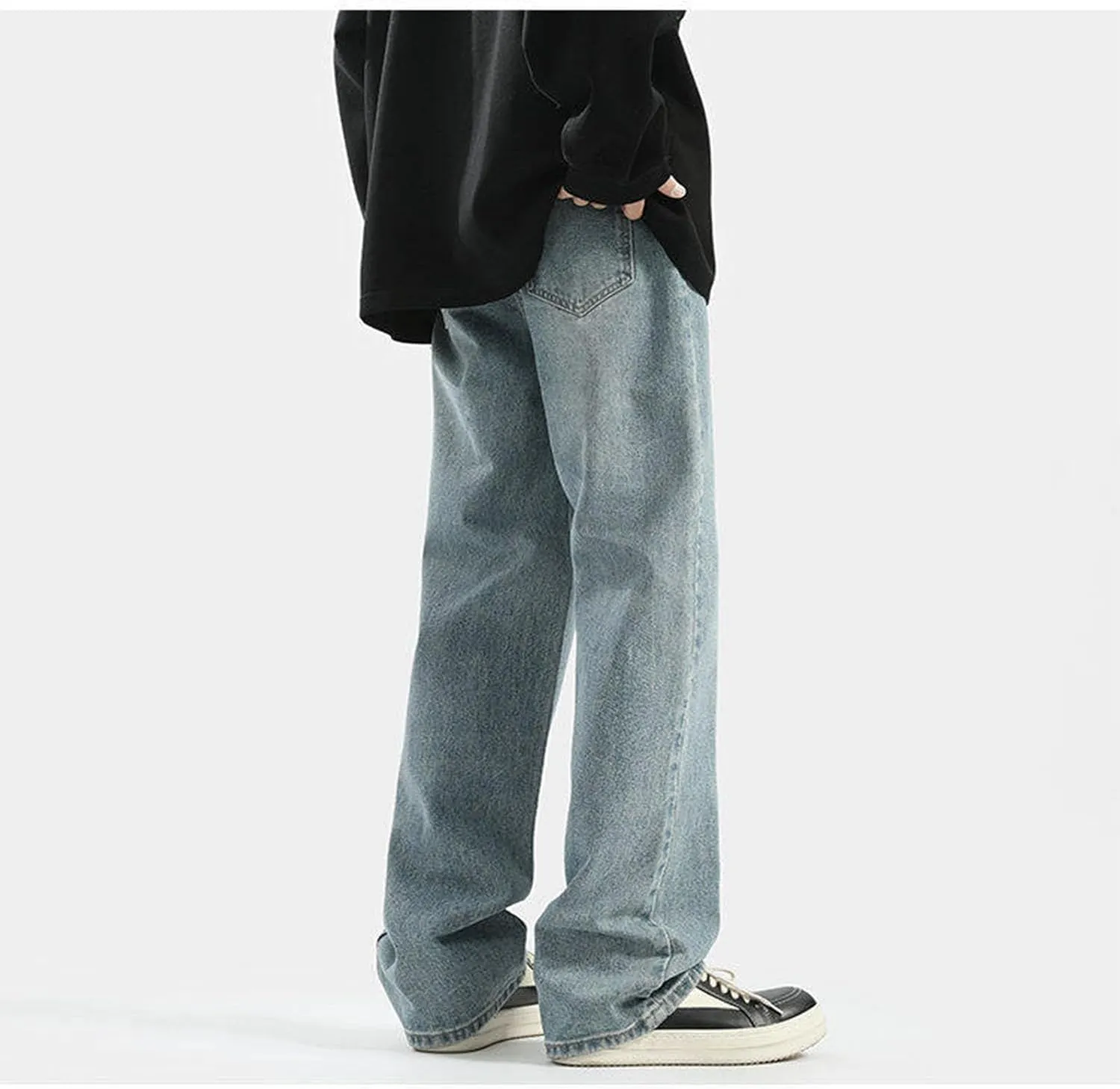 Jeans for Men Classic Washed Straight Leg Denim Pants Relaxed Fit Drawstring Elastic Waisted Jeans Wide Leg Slacks
