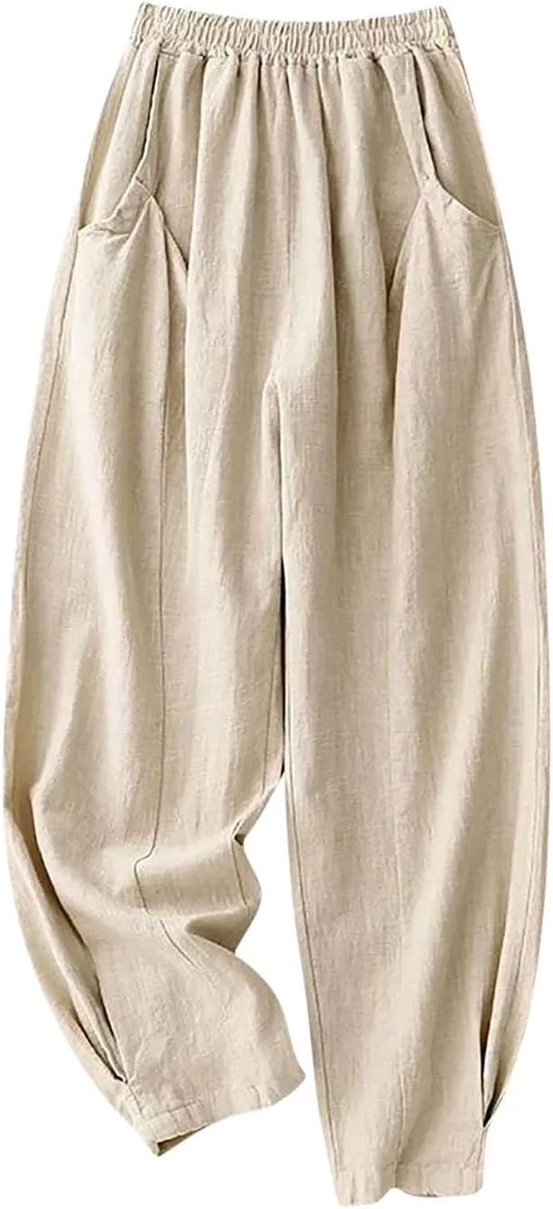 Lmdudan Cotton Linen Pants for Women 2025 Summer Lightweight High Waist Palazzo Pants Straight Leg Trouser with Pockets