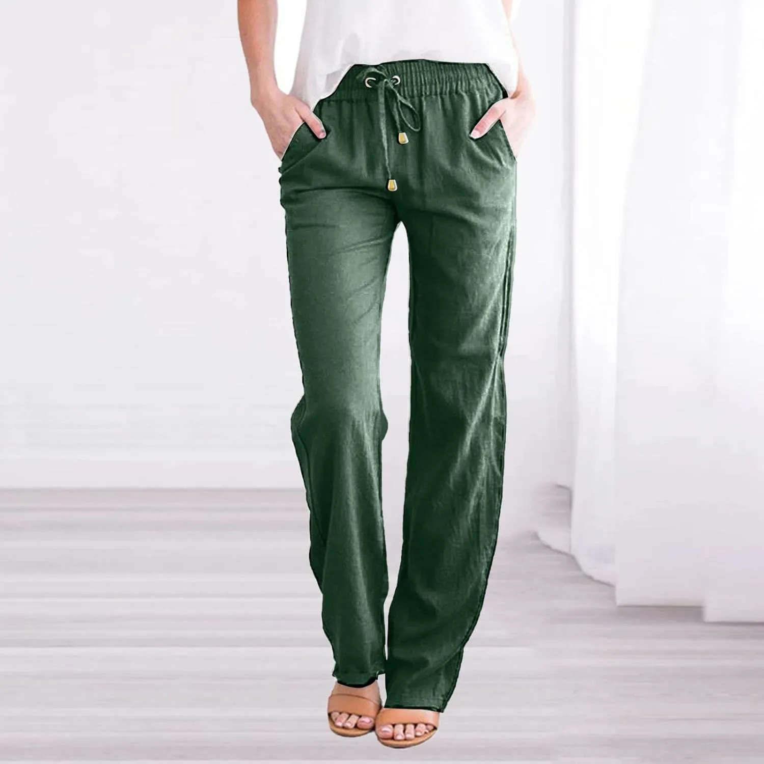 Lounge Pants Women With Pockets Loose Fit Petite Dressy Trouser 2025 Trendy Straight Leg Stretch Linen Sweatpant