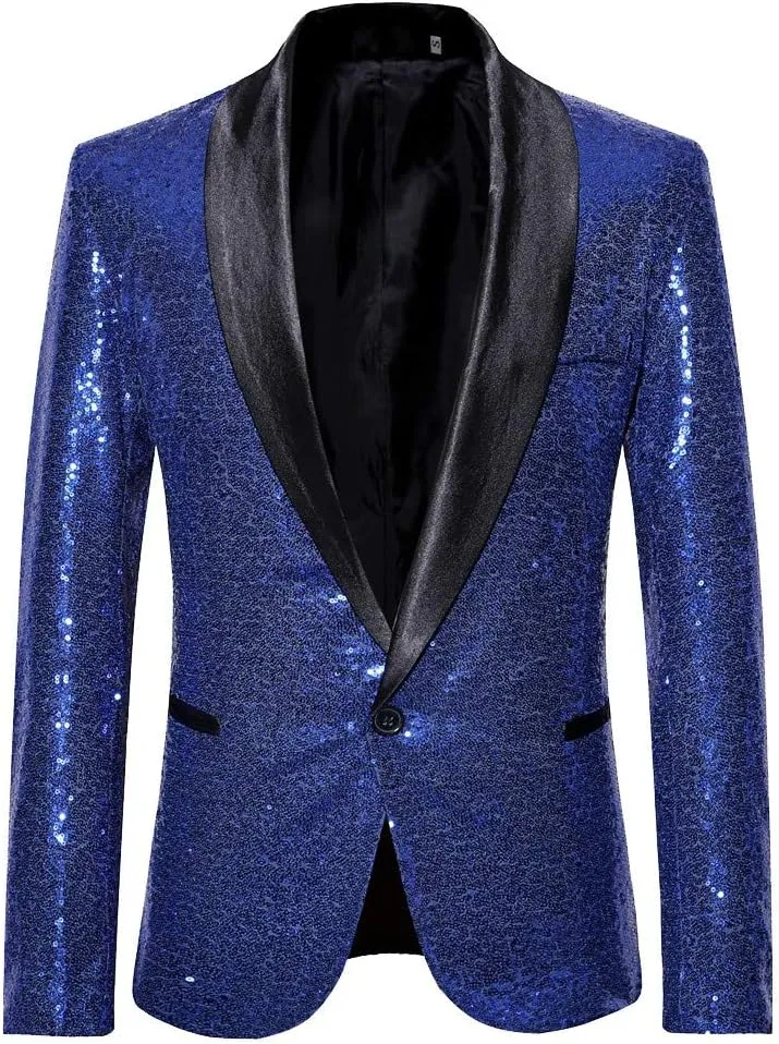 Mens Black Sequin Shiny Prom Suit Jacket One Button Slim Fit Sport Coat Blazers Party Banquet Fashion Tuxedo for Mens