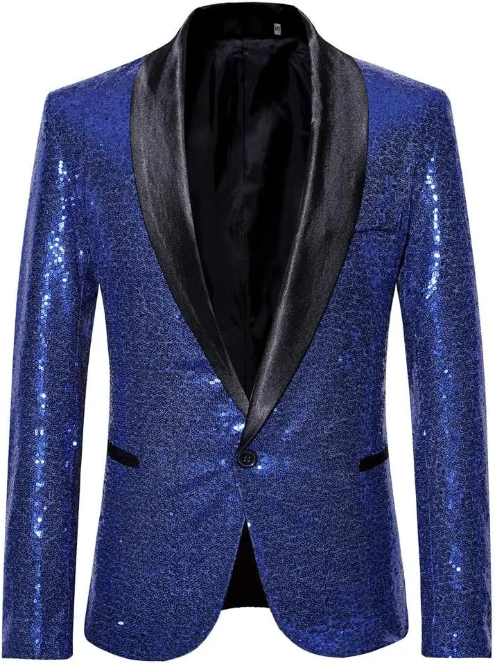 Mens Black Sequin Shiny Prom Suit Jacket One Button Slim Fit Sport Coat Blazers Party Banquet Fashion Tuxedo for Mens