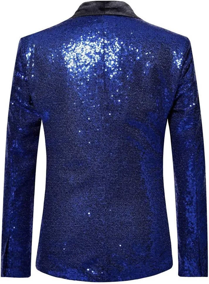 Mens Black Sequin Shiny Prom Suit Jacket One Button Slim Fit Sport Coat Blazers Party Banquet Fashion Tuxedo for Mens