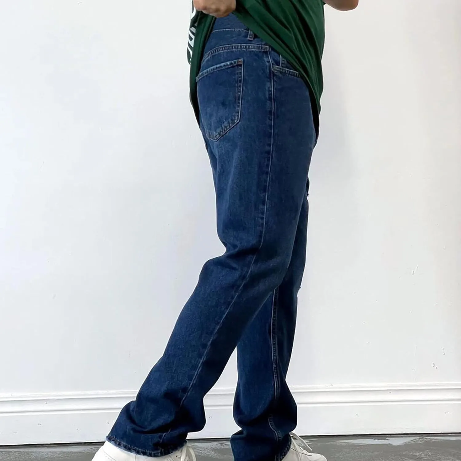 Mens Jeans Relaxed Fit Straight Leg Denim Pants Baggy Casual Solid Color Trousers Washed Distressed Jeans with Pockets