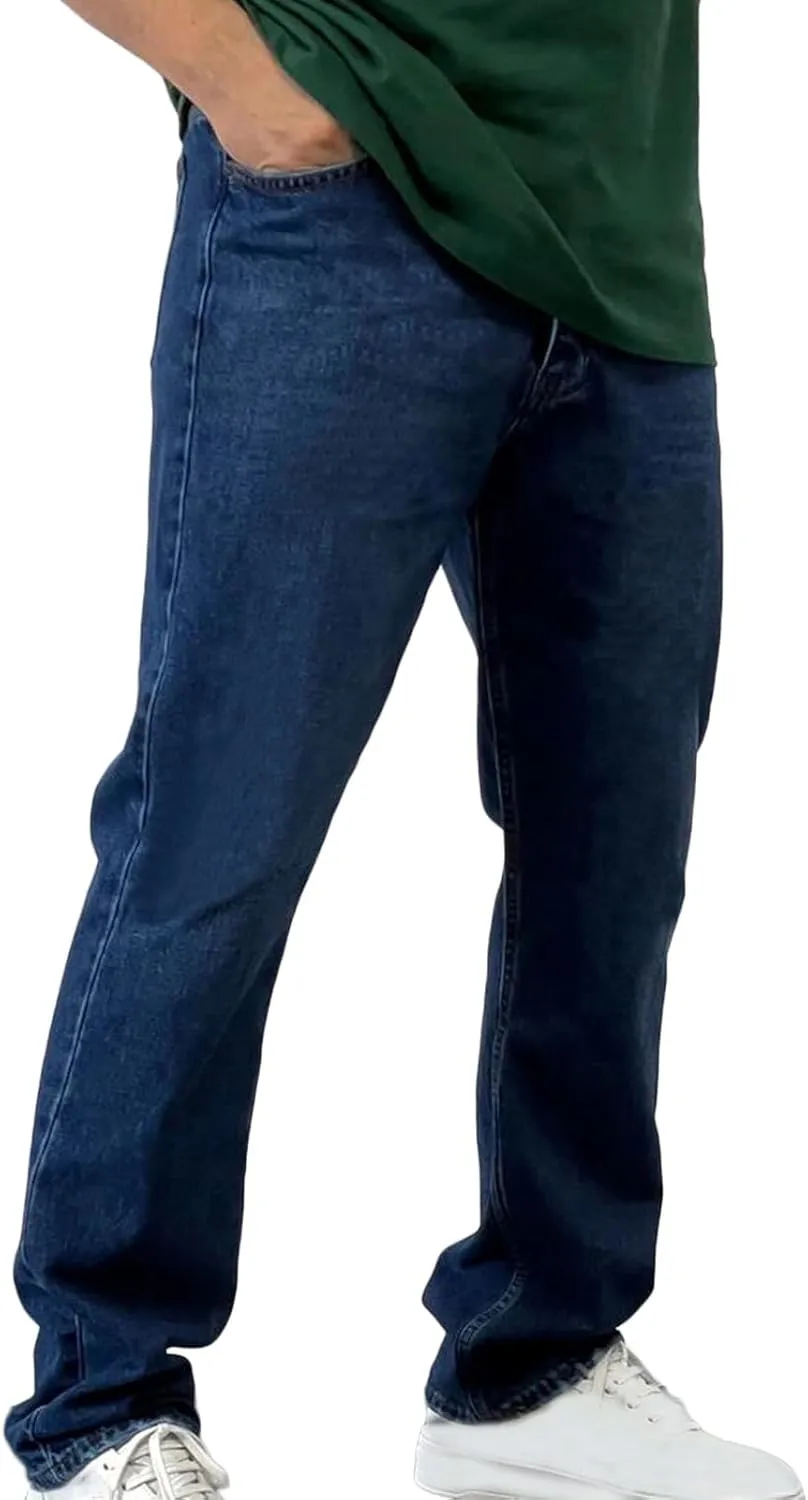 Mens Jeans Relaxed Fit Straight Leg Denim Pants Baggy Casual Solid Color Trousers Washed Distressed Jeans with Pockets