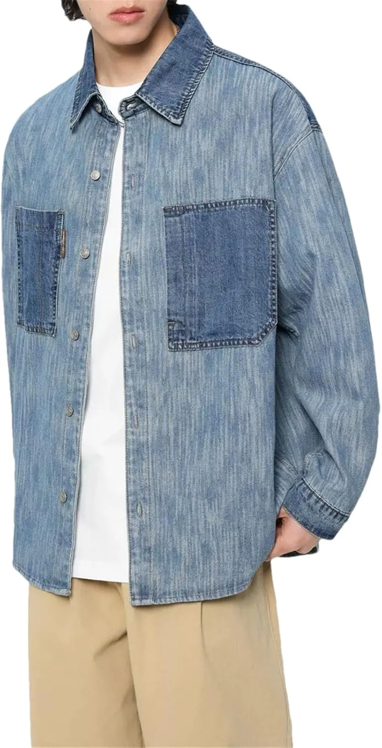 MenS Retro Cotton Denim Jacket Spring Loose Jeans Coat Japanese Washed Denim Shirt