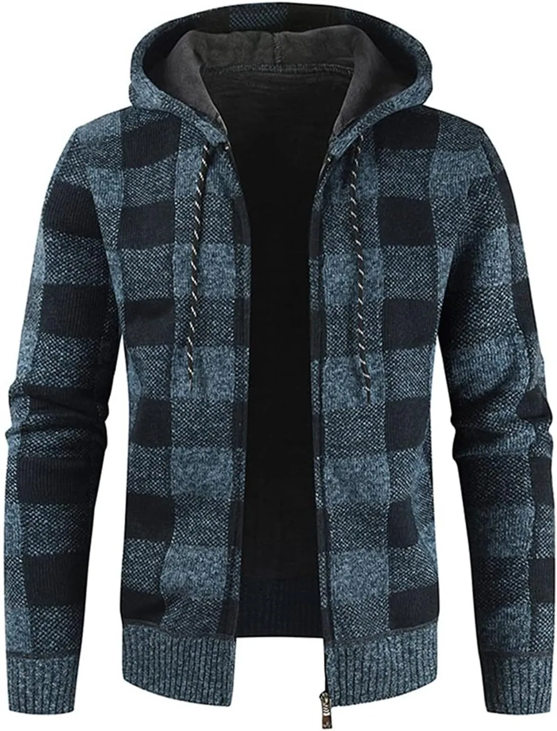 Mens Velvet Padded Plaid Hooded Jackets Zip up Long Sleeves Cardigan Knitted Thicken Warm Coats Fit Slim Tops