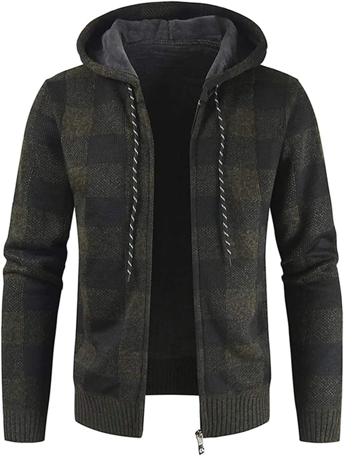 Mens Velvet Padded Plaid Hooded Jackets Zip up Long Sleeves Cardigan Knitted Thicken Warm Coats Fit Slim Tops