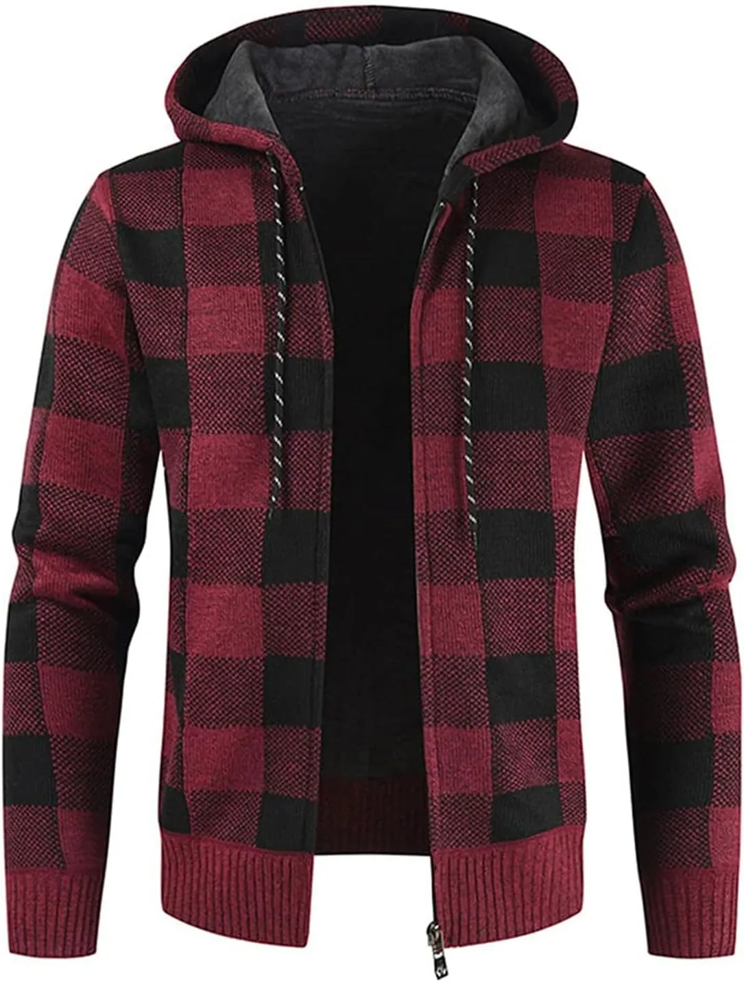 Mens Velvet Padded Plaid Hooded Jackets Zip up Long Sleeves Cardigan Knitted Thicken Warm Coats Fit Slim Tops