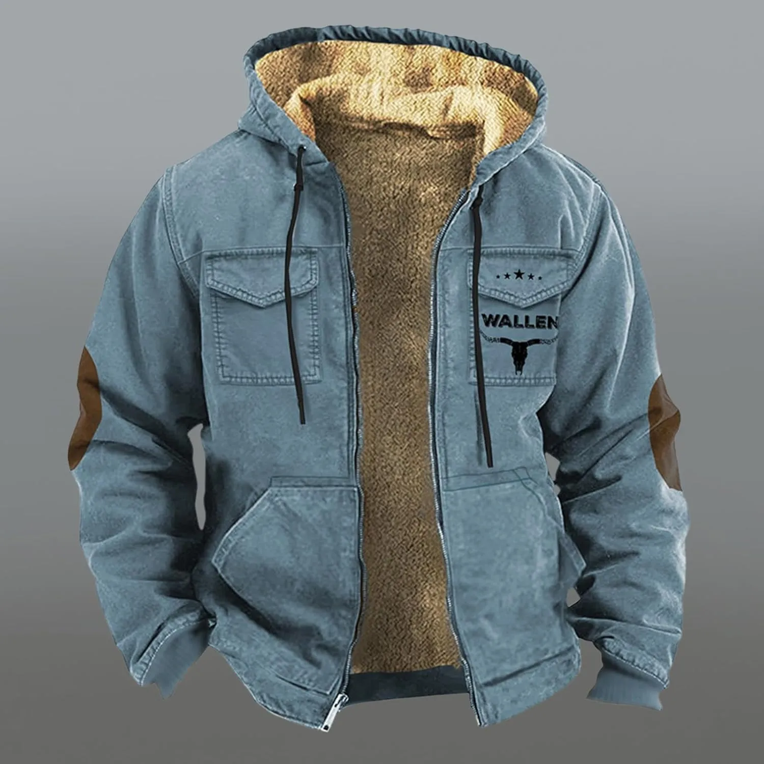 Mens Velvet Thickened Double Pocket Western Cow 3D Printed Hooded Brown Warm Cotton Jacket