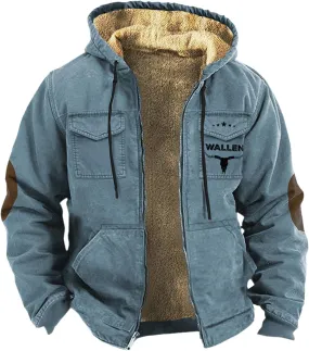 Mens Velvet Thickened Double Pocket Western Cow 3D Printed Hooded Brown Warm Cotton Jacket