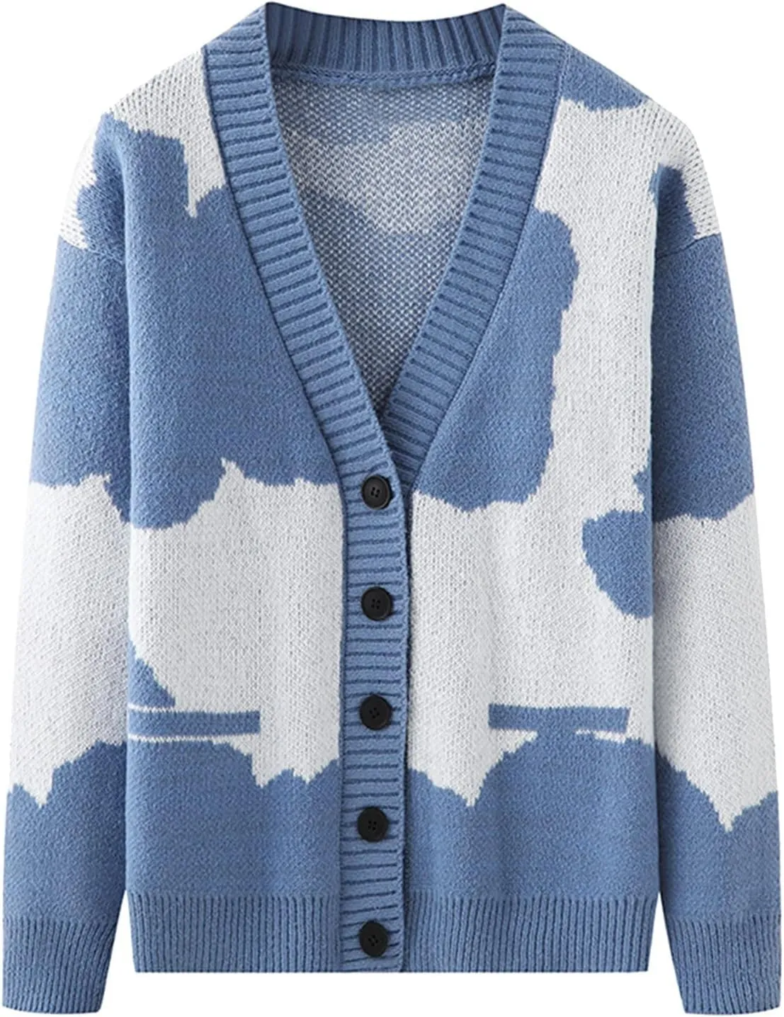 Men's Vintage Cow Pattern Long-Sleeve Cardigan Sweater Loose Fit V Neck Button Down Knitted Sweater with Pockets