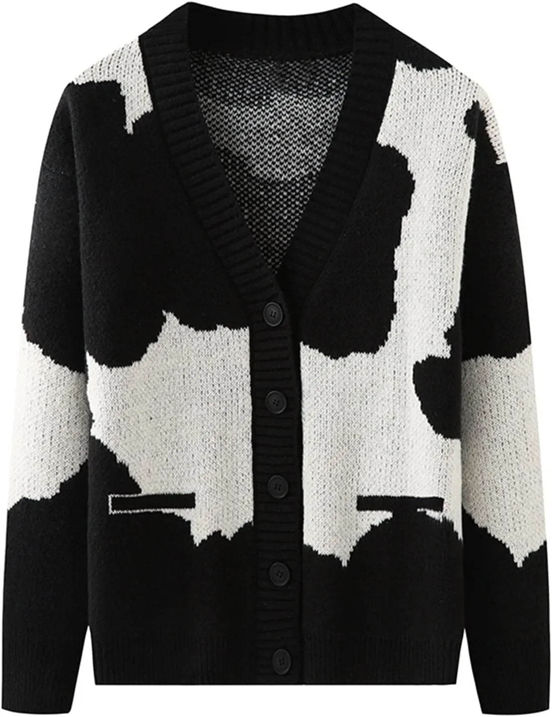 Men's Vintage Cow Pattern Long-Sleeve Cardigan Sweater Loose Fit V Neck Button Down Knitted Sweater with Pockets