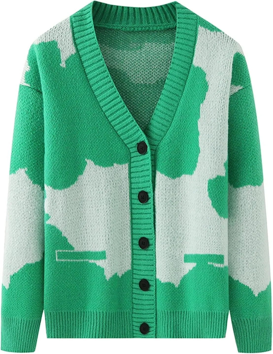 Men's Vintage Cow Pattern Long-Sleeve Cardigan Sweater Loose Fit V Neck Button Down Knitted Sweater with Pockets