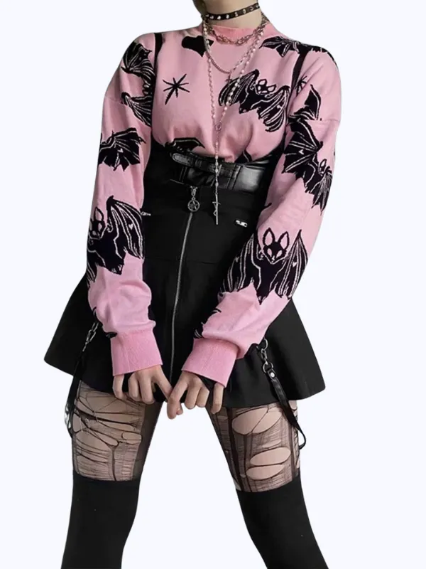 Pink Knit Sweater with Bats and Hearts